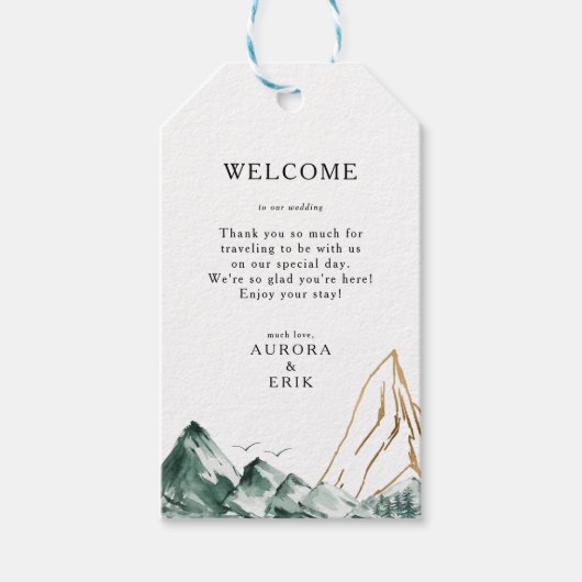 Groene en Gouden Berg Bruiloft Welkomstgeschenk La Cadeaulabel (Voorkant)