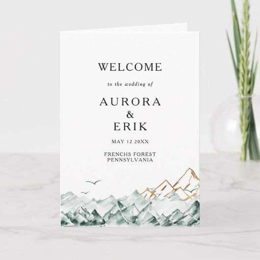 Groene en gouden berg gevouwen bruiloft programma (Voorkant)