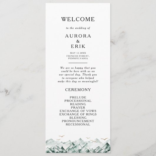 Groene en Gouden Berg Huwelijksprogramma Programmakaart (Voorkant)