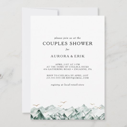 Groene en Gouden Berg Koppels Douche Uitnodiging (Voorkant)