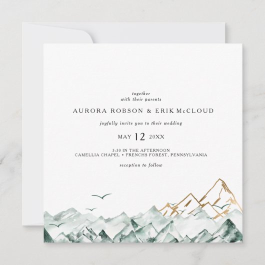 Groene en Gouden Berg Plein Bruiloft Uitnodiging (Voorkant)