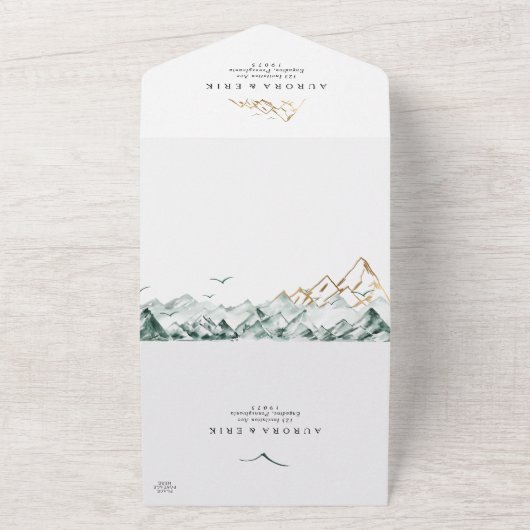 Groene en Gouden Bergverbinding en verzenden All In One Uitnodiging (Buitenkant)