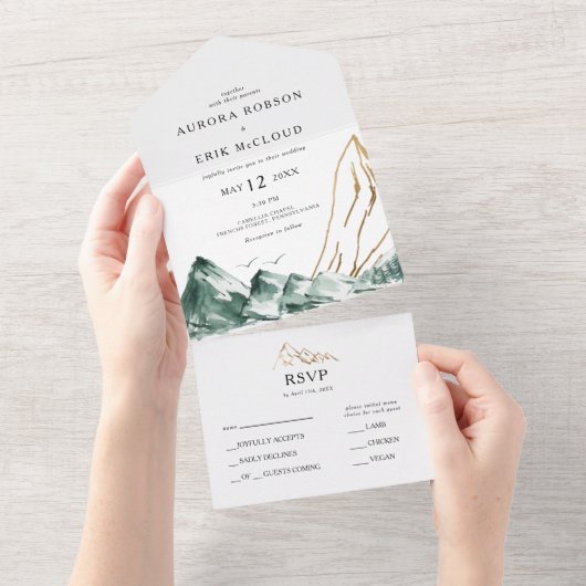 Groene en Gouden Bergverbinding en verzenden All In One Uitnodiging (Afscheurbaar)