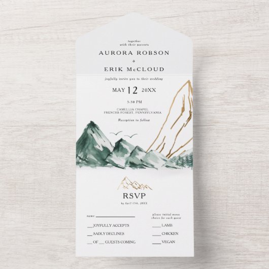 Groene en Gouden Bergverbinding en verzenden All In One Uitnodiging (Binnen)