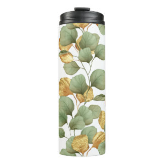 Groene en gouden bladeren. Patroon Thermosbeker