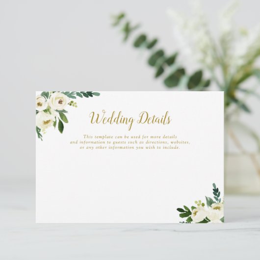 Groene en gouden bloemenbruiloft details kaart (Staand voorkant)