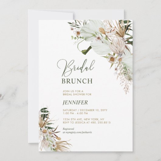 Groene en gouden Boho Botanische Bridal Brunch Kaart (Voorkant)