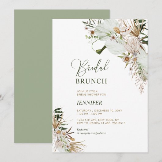 Groene en gouden Boho Botanische Bridal Brunch Kaart (Voorkant / Achterkant)