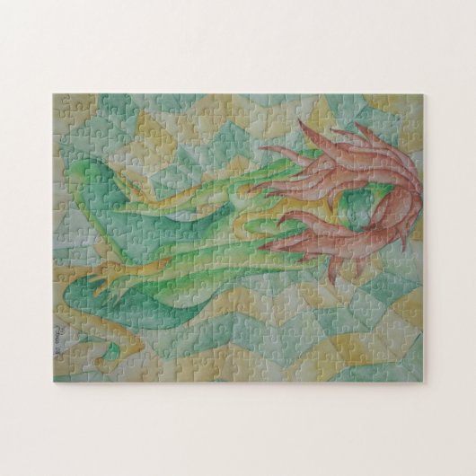 groene en gouden dame die abstracte moderne kunst  legpuzzel (Horizontaal)