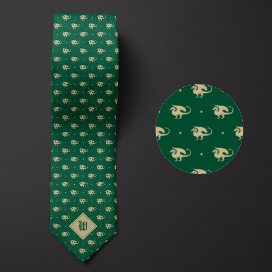 Groene en Gouden Draak in Profiel met Monogram Stropdas