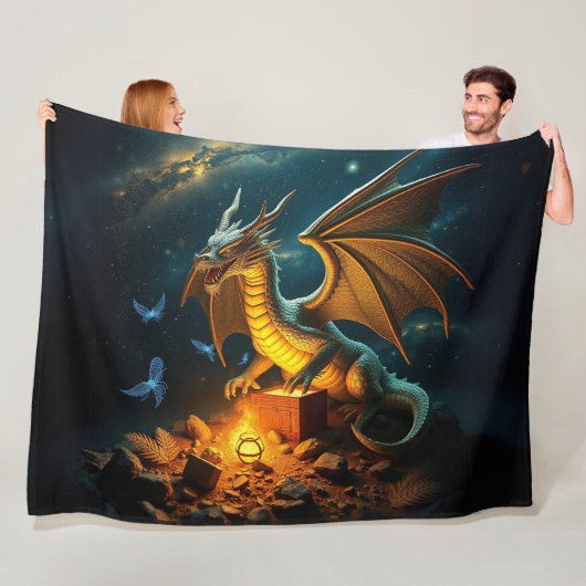 Groene en gouden draken bewaken schat fleece deken (In situ)
