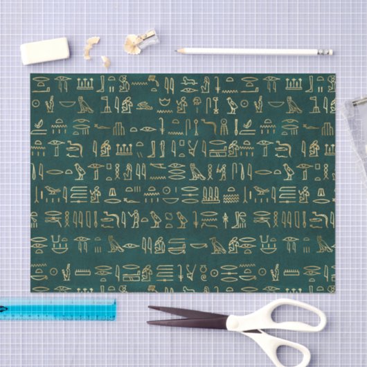 Groene en gouden Egyptische hiërogliefenkrant Tissuepapier (Craft)
