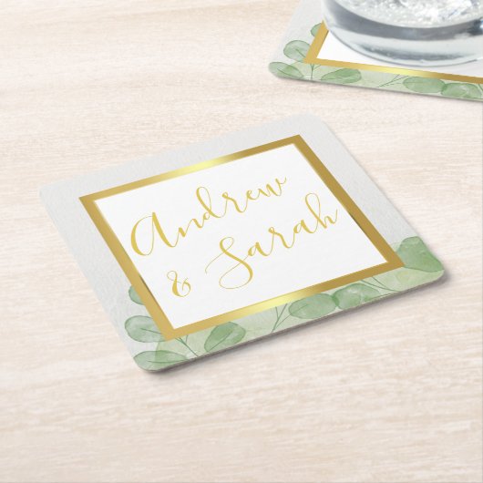 Groene en gouden eucalyptus kartonnen onderzetters (Schuin)