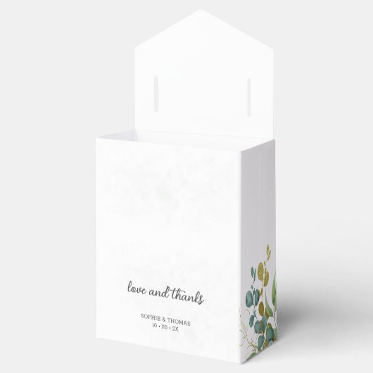 Groene en gouden eucalyptus waterverf bruiloft bedankdoosjes (Geopend)