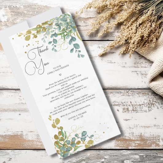 Groene en gouden eucalyptus waterverf bruiloft bedankkaart
