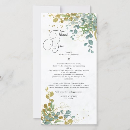 Groene en gouden eucalyptus waterverf bruiloft bedankkaart (Voorkant)