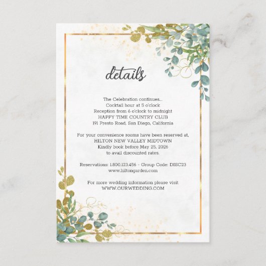 Groene en gouden eucalyptus waterverf bruiloft informatiekaartje (Voorkant)