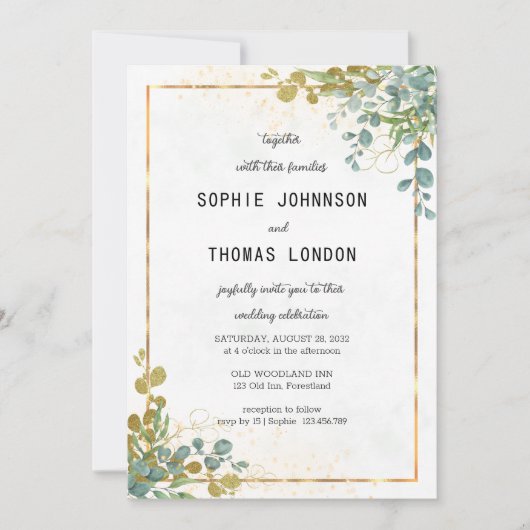 Groene en gouden eucalyptus waterverf bruiloft kaart (Voorkant)