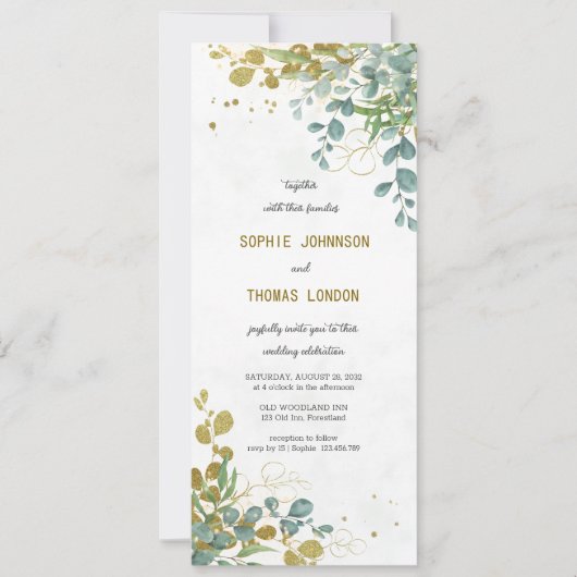 Groene en gouden eucalyptus waterverf bruiloft kaart (Voorkant)