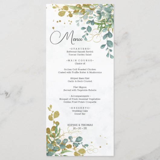 Groene en gouden eucalyptus waterverf bruiloft menu (Voorkant)