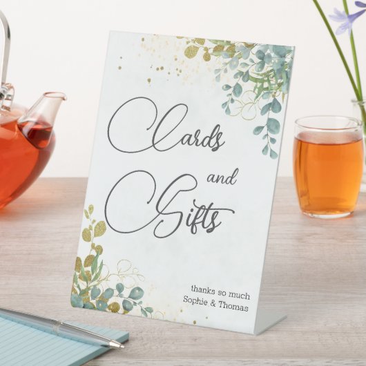 Groene en gouden eucalyptus waterverf bruiloft reclamebord met voetstuk (Insitu)