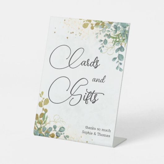 Groene en gouden eucalyptus waterverf bruiloft reclamebord met voetstuk (Voorkant)