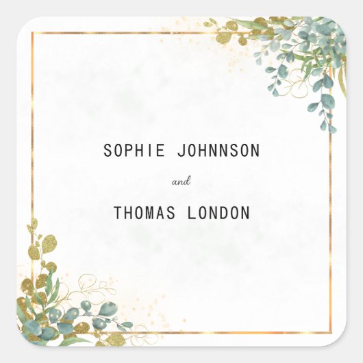 Groene en gouden eucalyptus waterverf bruiloft vierkante sticker (Voorkant)
