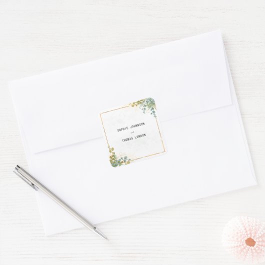 Groene en gouden eucalyptus waterverf bruiloft vierkante sticker (Envelop)