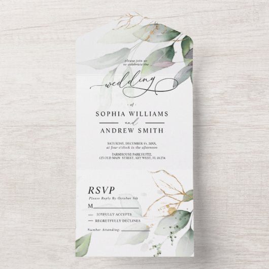 Groene en gouden eucalyptusbruiloft in één keer all in one uitnodiging (Binnen)