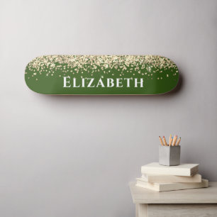 Groene en gouden faux Glitter Aesthetische Naam Persoonlijk Skateboard