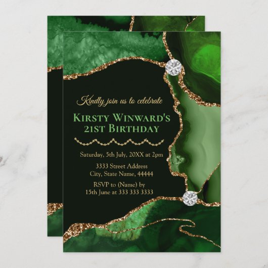 Groene en gouden faux Glitter Agate Birthday Party Kaart (Voorkant / Achterkant)