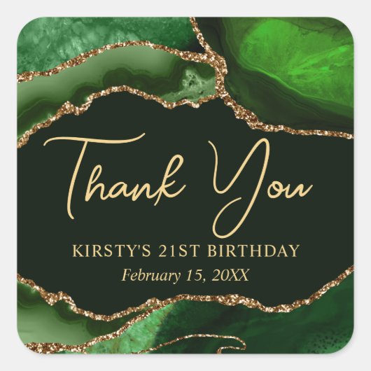 Groene en gouden faux Glitter Agate Birthday Party Vierkante Sticker (Voorkant)