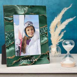 Groene en Gouden Glitter Agaat Elegante Naam Foto Fotoplaat