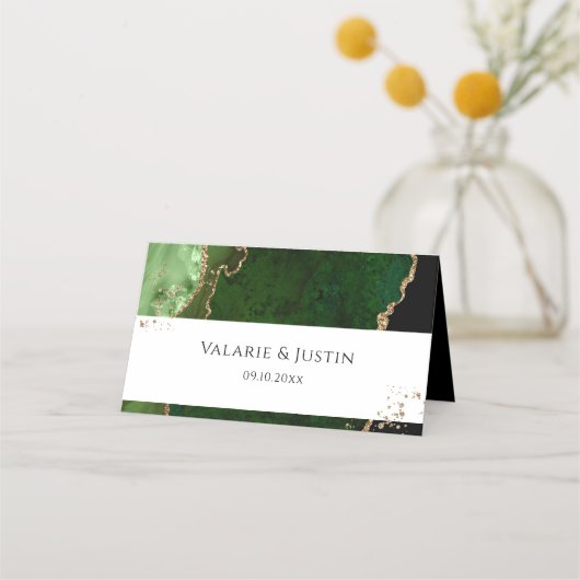 Groene en gouden Glitter Agate Wedding Place Card Plaatskaartje (Voorkant)