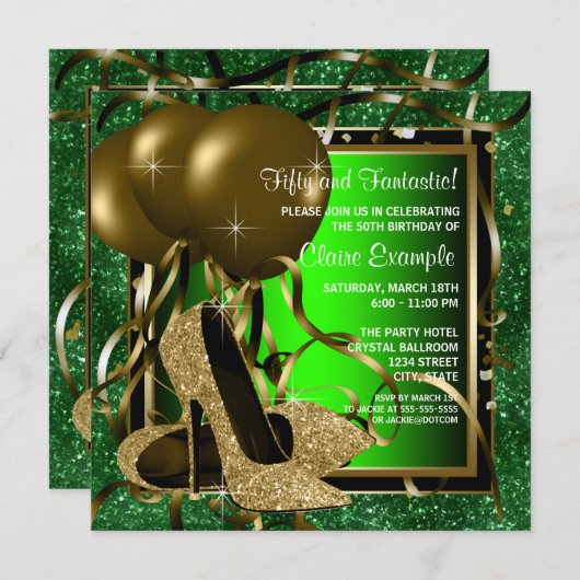 Groene en gouden hoge hakken vrouwen verjaardagsfe kaart (Voorkant / Achterkant)