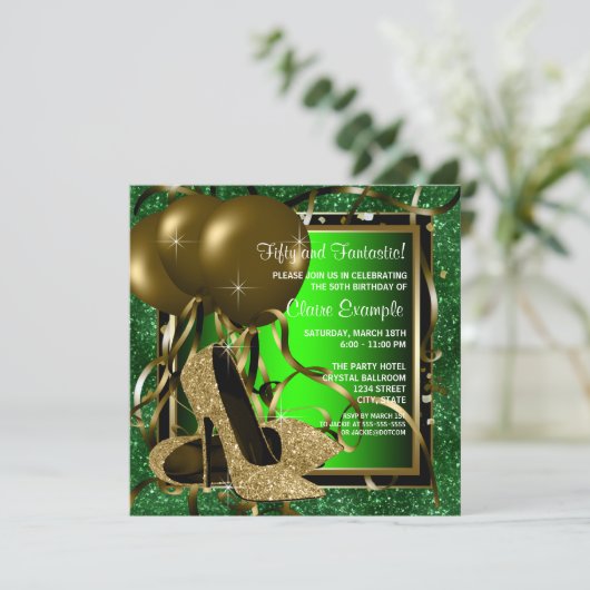 Groene en gouden hoge hakken vrouwen verjaardagsfe kaart (Staand voorkant)