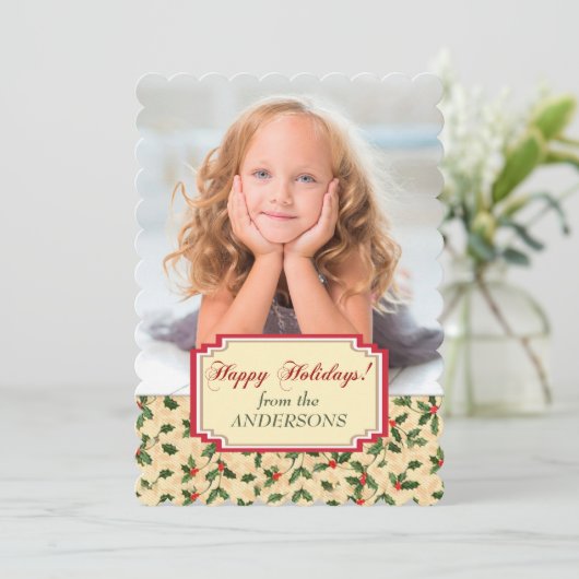 Groene en gouden Holly Border Sjabloon Kerst (Staand voorkant)