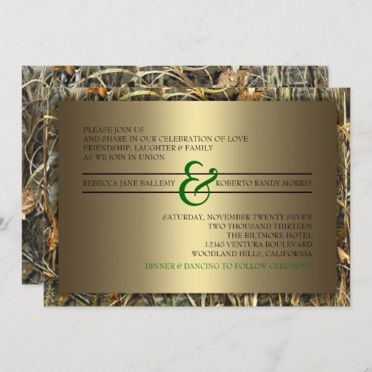 Groene en gouden huwelijksuitnodigingen kaart (Voorkant / Achterkant)