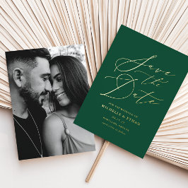 Groene en Gouden Kalligrafie Foto Save the Date Folie Uitnodiging