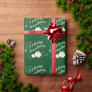 Groene en gouden kerst met witte poinsettia cadeaupapier