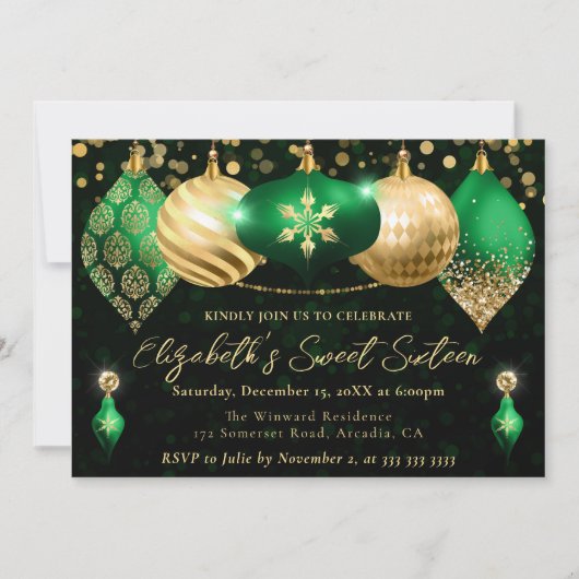 Groene en gouden kerstballen Sweet 16 Kaart (Voorkant)