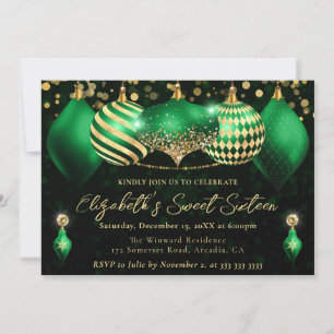 Groene en Gouden Kerstballen Sweet 16 Kaart