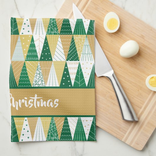 Groene en Gouden Kerstbomen Theedoek (Quarter Fold)