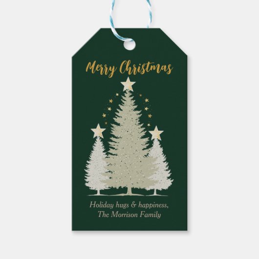 Groene en gouden kerstboom en sterren cadeaulabel (Voorkant)