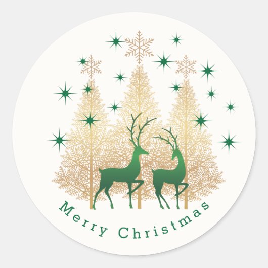 Groene en gouden kerstboom, rendieren ronde sticker (Voorkant)