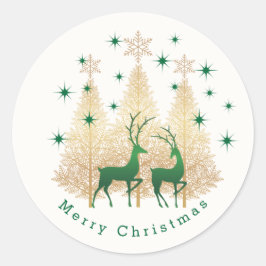 Groene en gouden kerstboom, rendieren ronde sticker