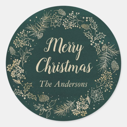 Groene en gouden kerstfeestdag ronde sticker (Voorkant)