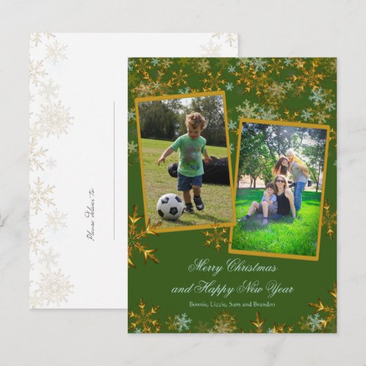 Groene en gouden kerstfotokaarten feestdagenkaart (Voorkant / Achterkant)
