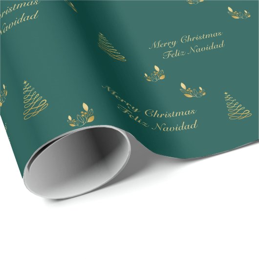 Groene en Gouden Kerstmis Tweetalige Feliz Navidad Cadeaupapier (Rol Hoek)