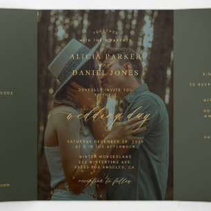 Groene en gouden klassieke foto trouw-RSVP QR Drieluik Uitnodiging